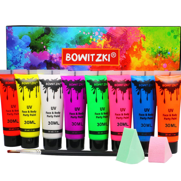Bowitzki front packaging showing eight neon tubes and included tools for bold color