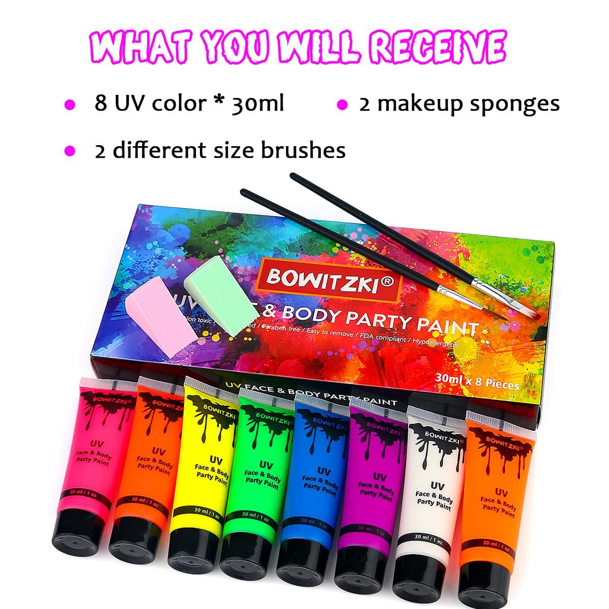 Bowitzki full-body festival look demonstrating high-visibility under UV lights