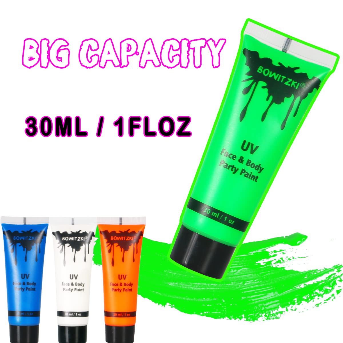 Bowitzki applied by artist on face delivering striking blacklight glow