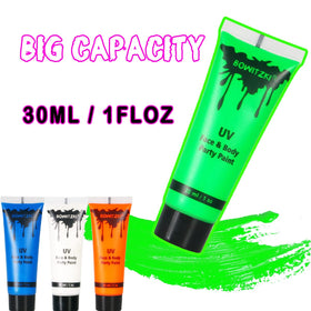 Bowitzki applied by artist on face delivering striking blacklight glow