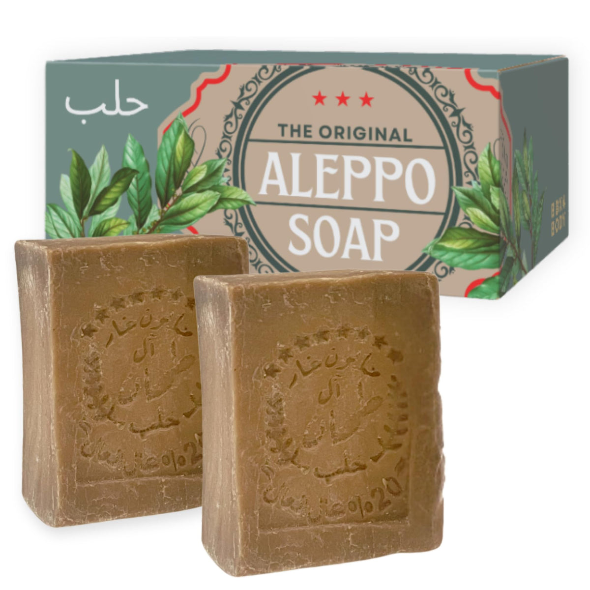 BOX 4 BODY front packaging showing two handmade Aleppo soap bars and ingredients benefit clarity