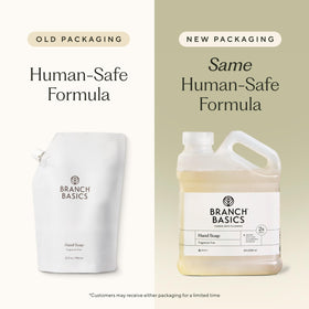 Branch Basics pouch pouring into glass pump bottle, refill reduces waste