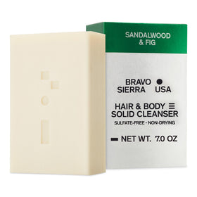 Bravo Sierra front packaging showing sandalwood and fig scent and bar benefit