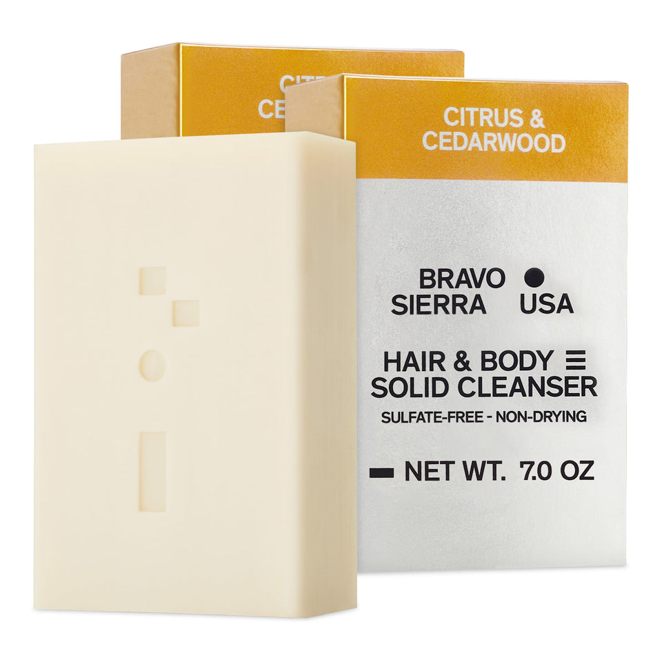Bravo Sierra front packaging showing 2-pack and Citrus & Cedarwood scent benefit: clear multiuse labeling