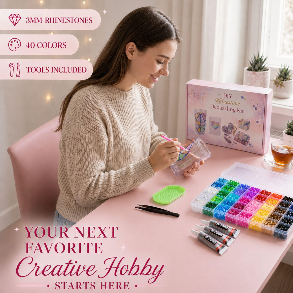 Breecasa organized color trays overhead for fast rhinestone selection
