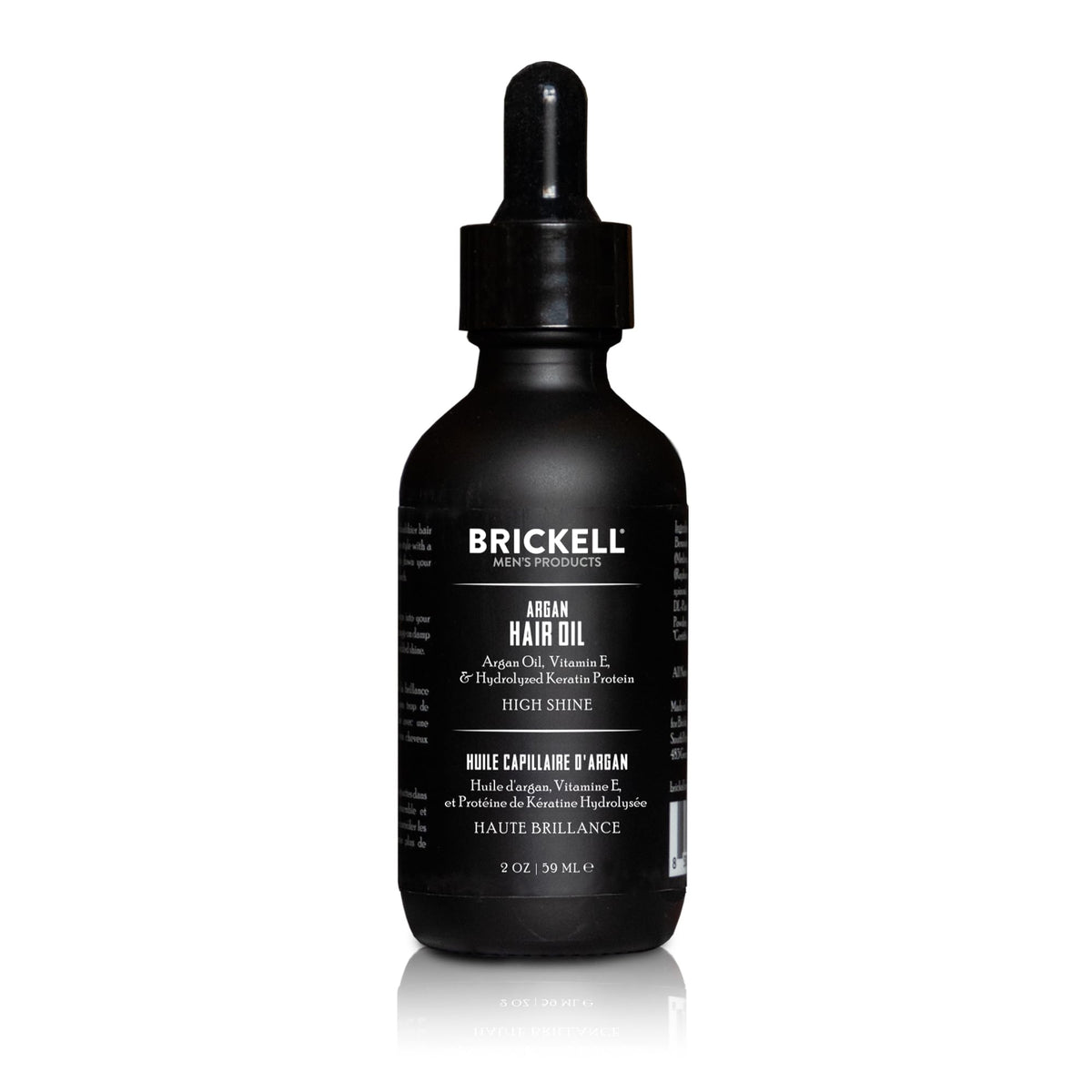 Brickell Men’s argan oil front bottle showing label and size benefits