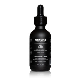 Brickell Men’s argan oil front bottle showing label and size benefits