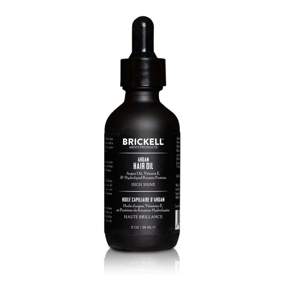 Brickell Men’s argan oil front bottle showing label and size benefits
