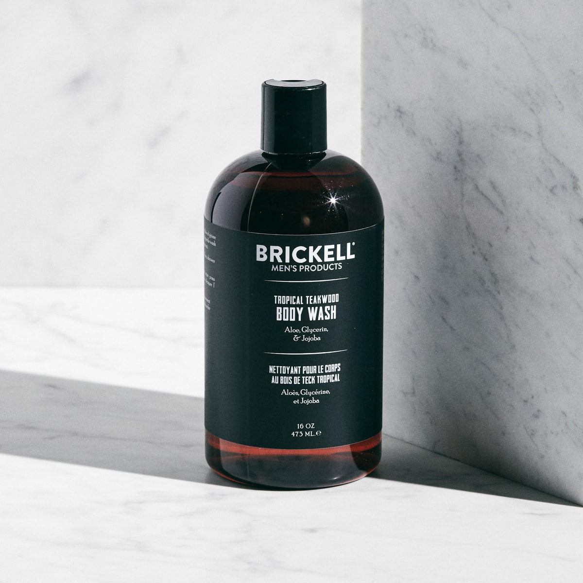 Brickell Men's Products close-up of pump and label highlighting ingredients