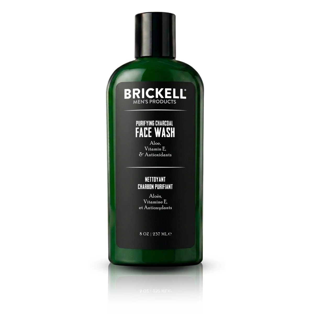 Brickell bottle front packaging showing charcoal cleanser and benefits