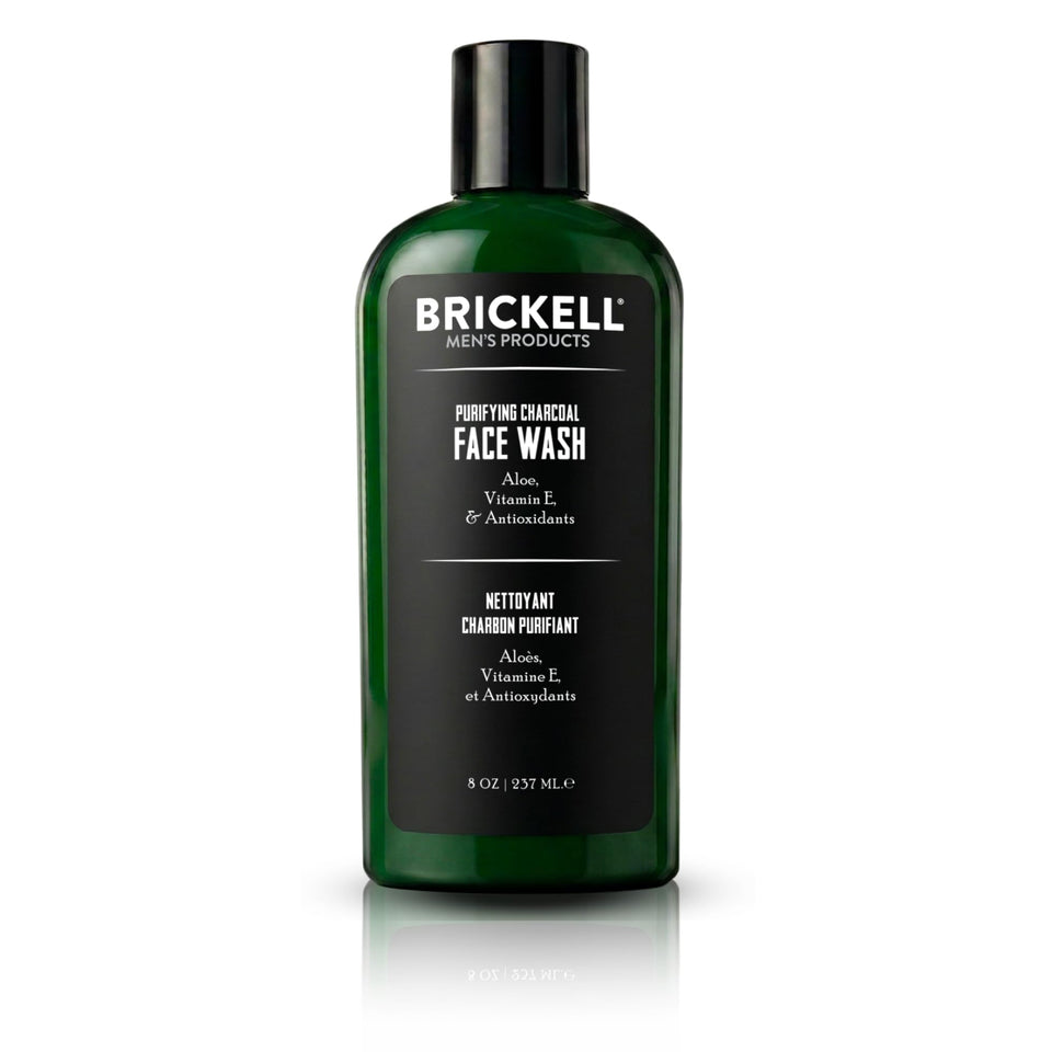 Brickell bottle front packaging showing charcoal cleanser and benefits