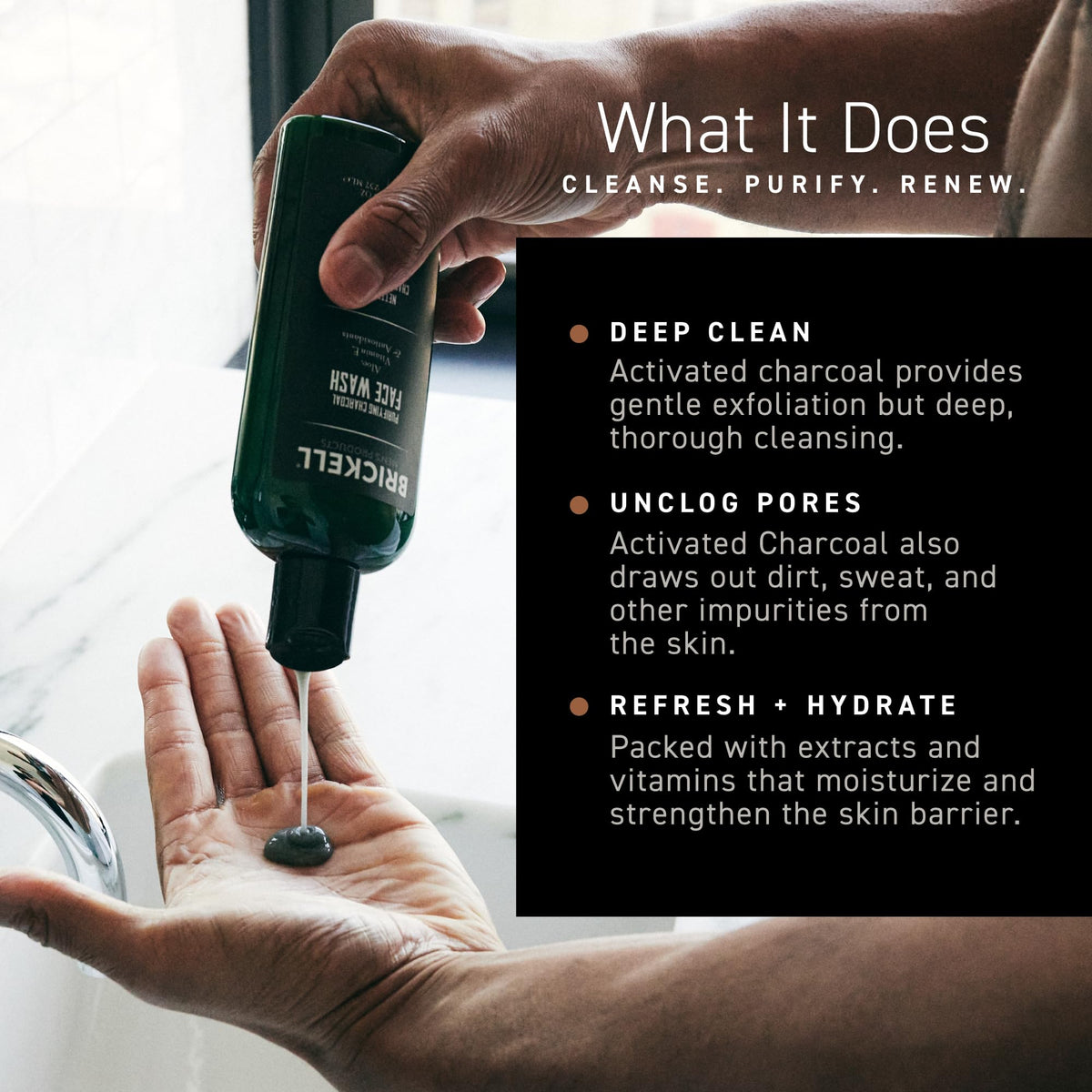 Brickell creamy charcoal lather texture demonstrating gentle cleansing