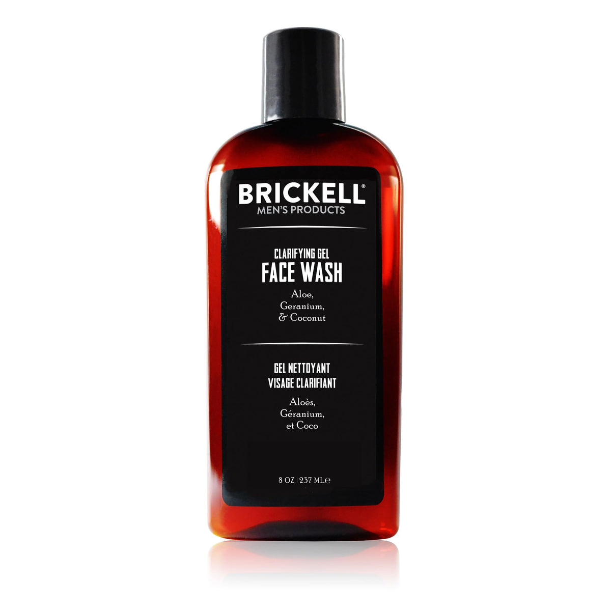 Brickell Men’s clarifying gel front packaging showing bottle and label benefits