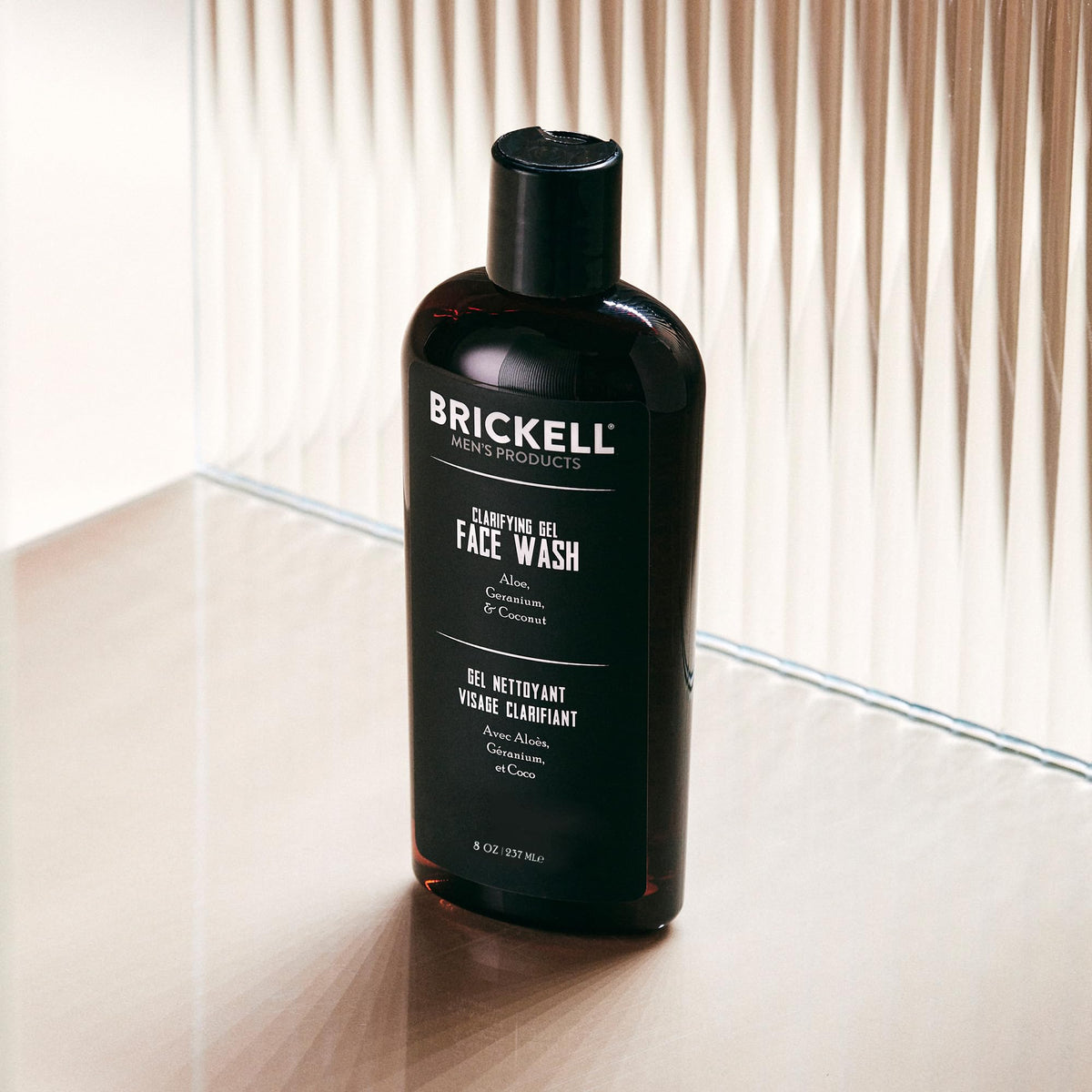 Brickell Men’s clarifying gel texture close-up highlighting smooth foaming gel