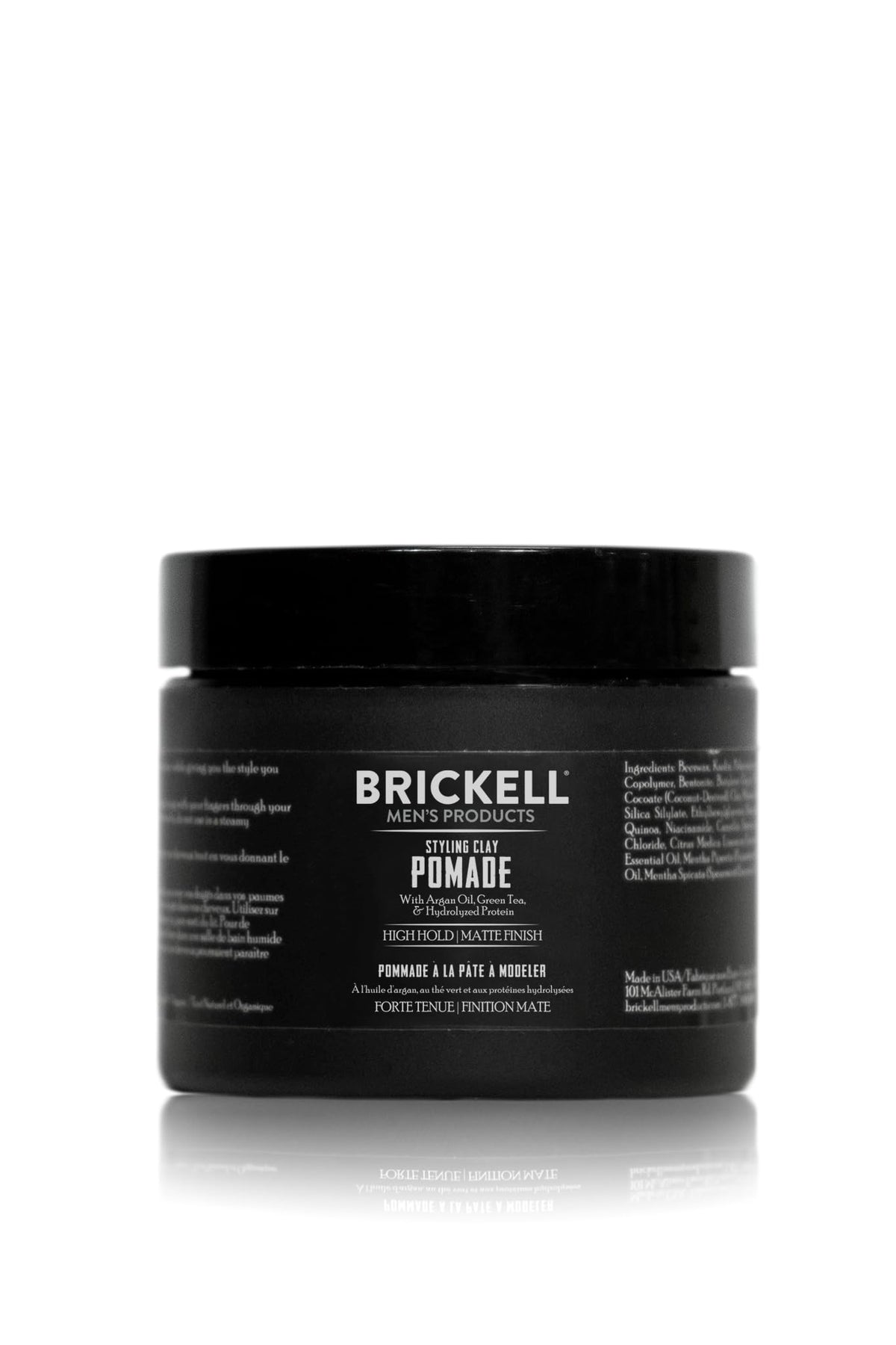 Brickell clay pomade front packaging showing jar and label, brand clarity and easy use