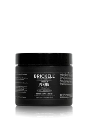Brickell clay pomade front packaging showing jar and label, brand clarity and easy use