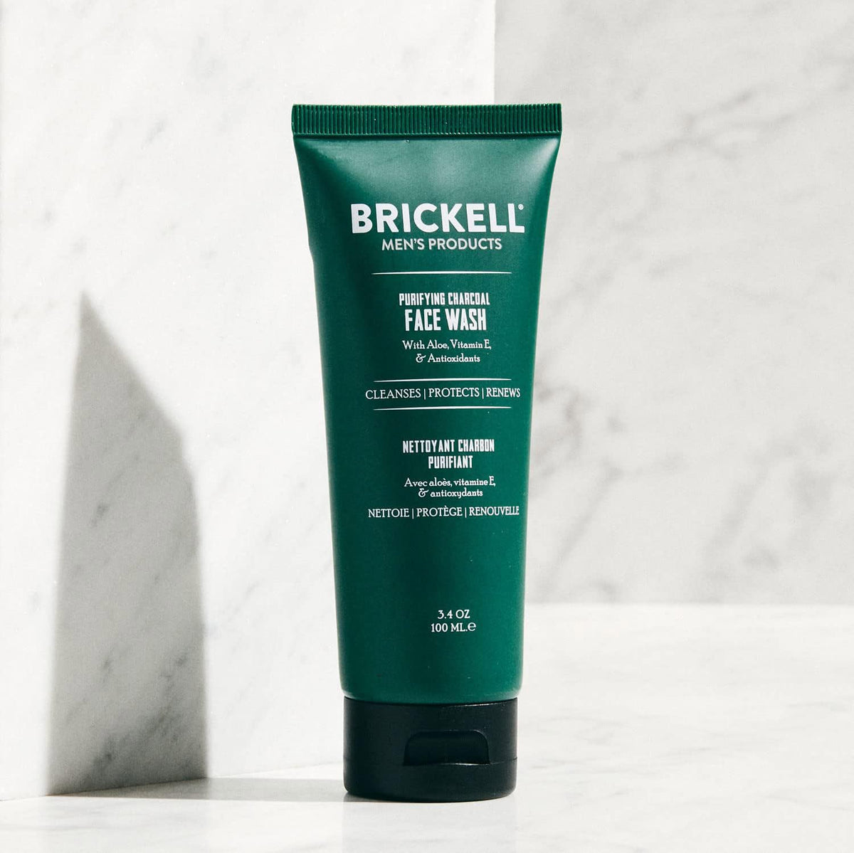 Brickell Men's Products in bathroom setting illustrating daily routine convenience