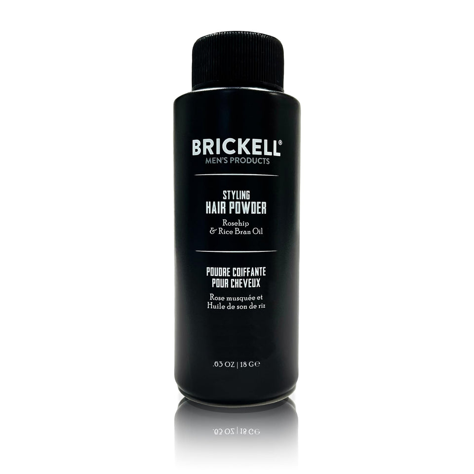 Brickell front packaging showing compact powder for travel-ready volume