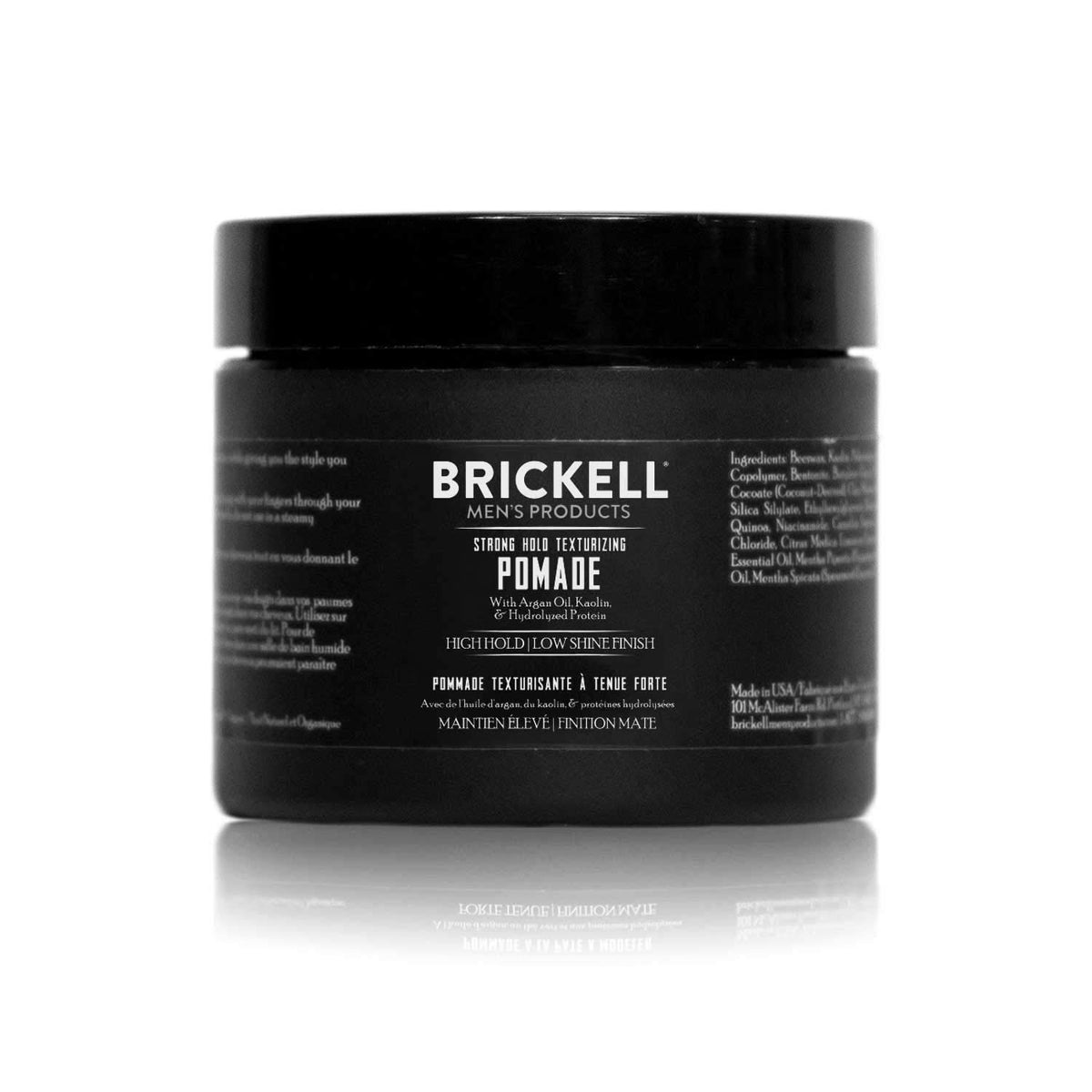 Brickell Men's Products front packaging showing pomade container and branding benefits