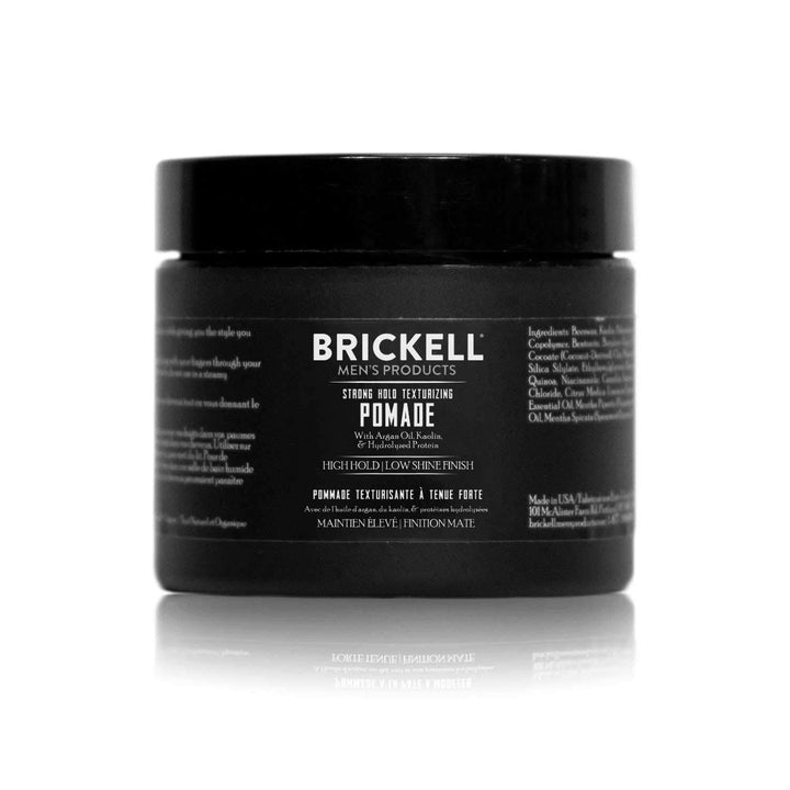 Brickell Men's Products front packaging showing pomade container and branding benefits