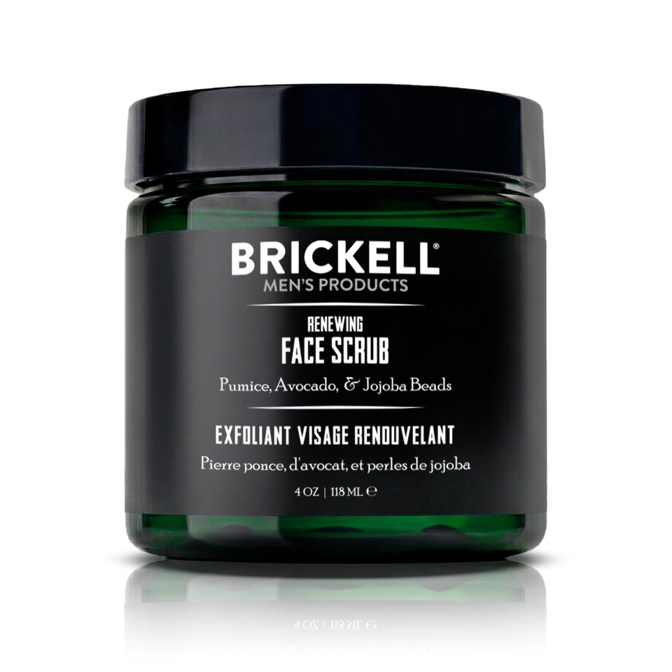 Brickell front packaging of Renewing Face Scrub showing label and size for clear identification
