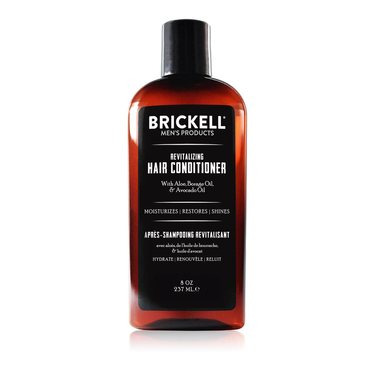 Brickell front packaging showing conditioner bottle and clear product benefits