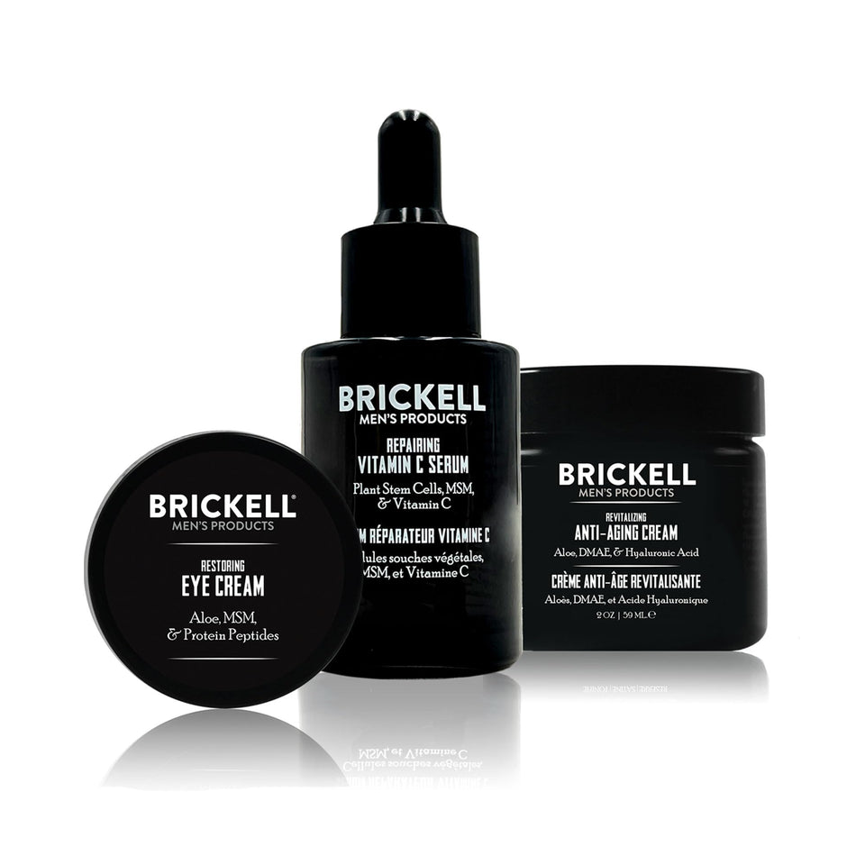 Brickell Men’s Products front packaging showing full anti-aging set and ready-to-use benefits