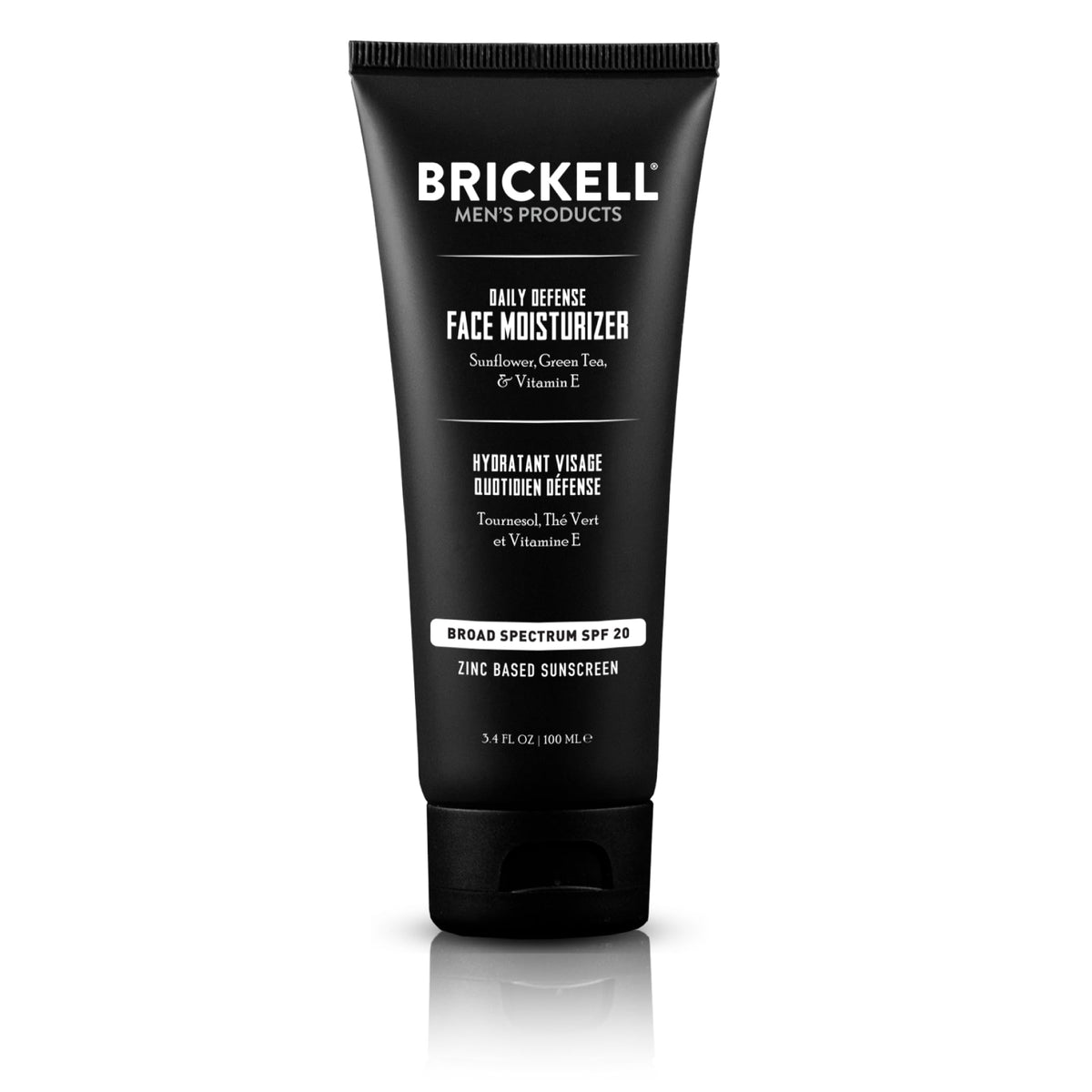 Brickell Men's Products front packaging showing SPF20 moisturizer for daily protection
