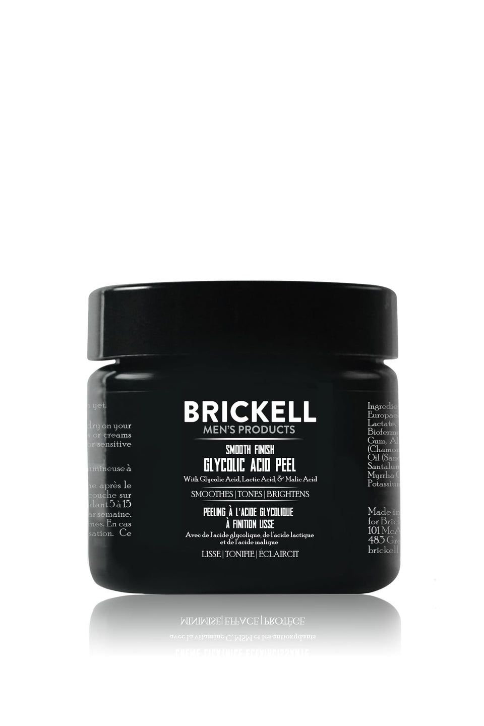 Brickell Men's Products front bottle shot showing labeled glycolic peel and packaging benefit