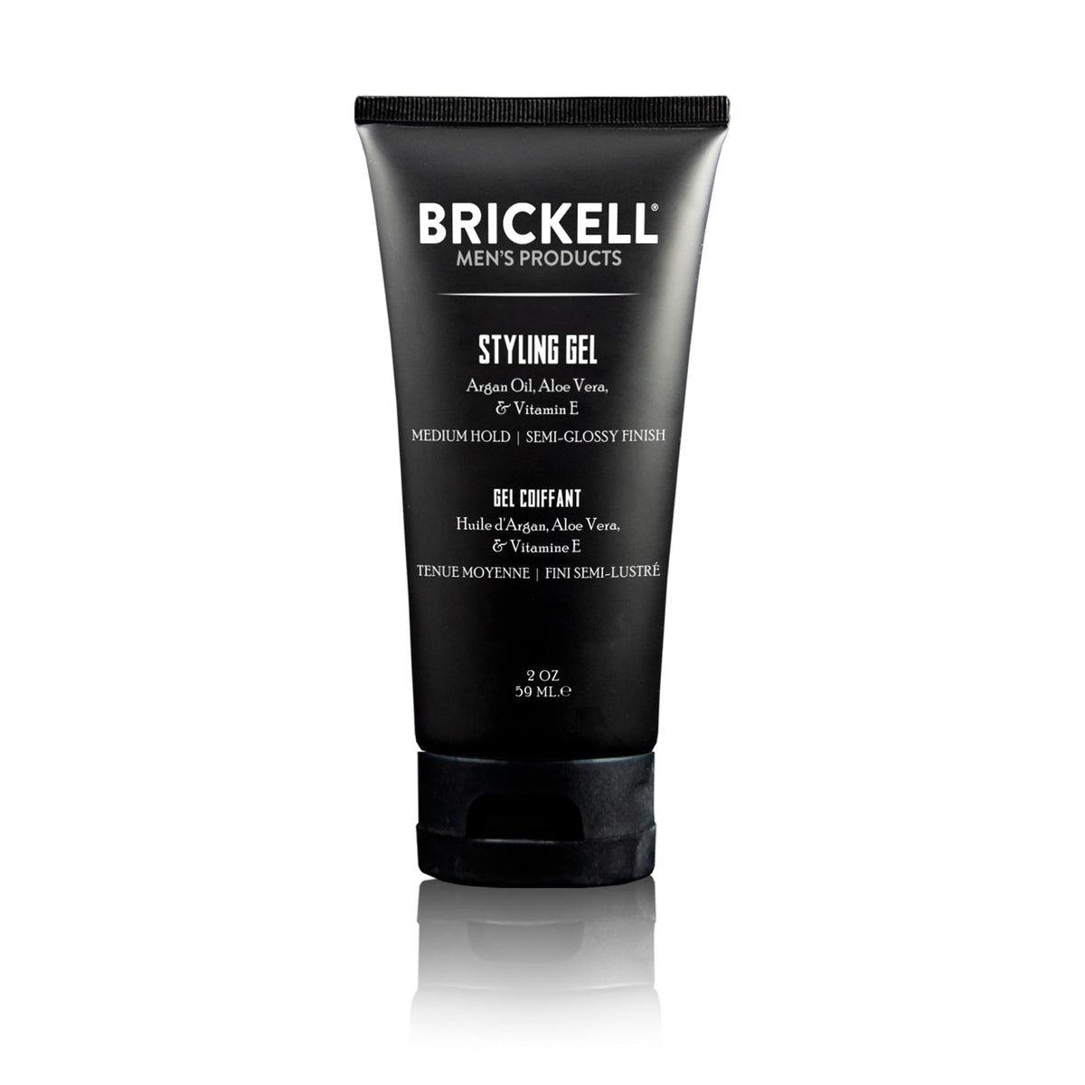 Brickell Men’s Hair Styling Gel front packaging shows product and size, conveys premium hold