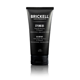 Brickell Men’s Hair Styling Gel front packaging shows product and size, conveys premium hold