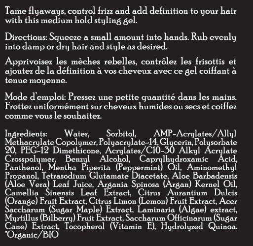 Brickell Men’s Hair Styling Gel label closeup with ingredients, signals nourishing formula
