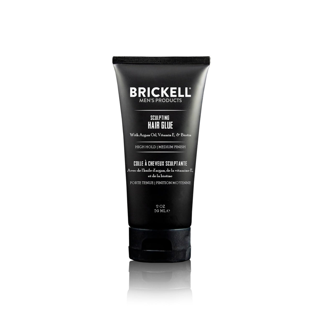 Brickell Men's Products front packaging shows compact 2 oz glue and brand clarity, boosting shelf appeal