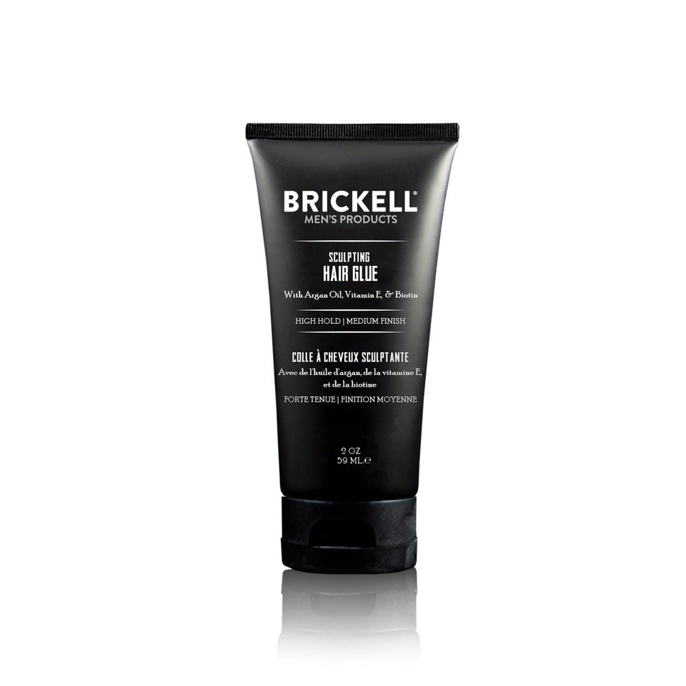 Brickell Men's Products front packaging shows compact 2 oz glue and brand clarity, boosting shelf appeal