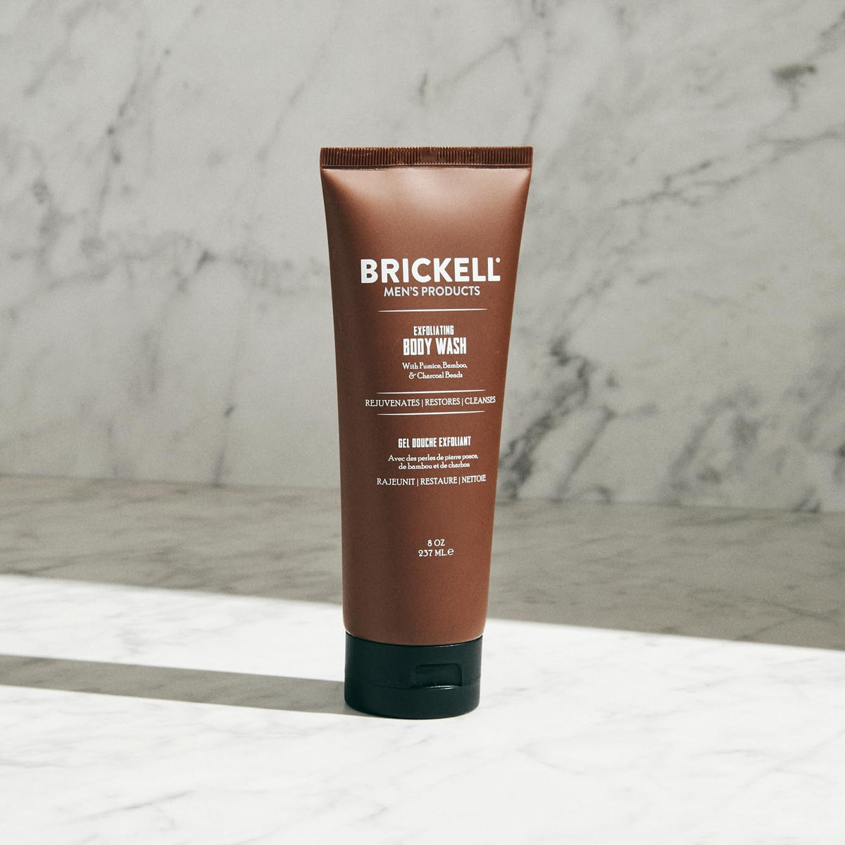 Brickell in-shower use demonstrates rich lather that rinses clean for refreshed skin