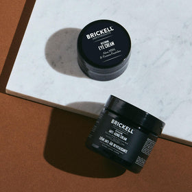 Brickell ingredients flatlay featuring hyaluronic and peptides, highlights effective actives
