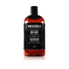 Brickell Men's Products front bottle view showing Tropical Teakwood scent and benefits