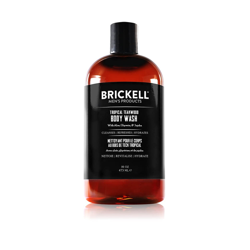 Brickell Men's Products front bottle view showing Tropical Teakwood scent and benefits