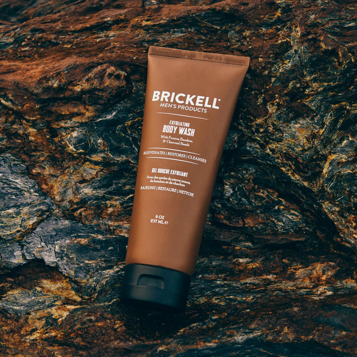 Brickell ingredient label showing charcoal, bamboo and pumice for clearer skin