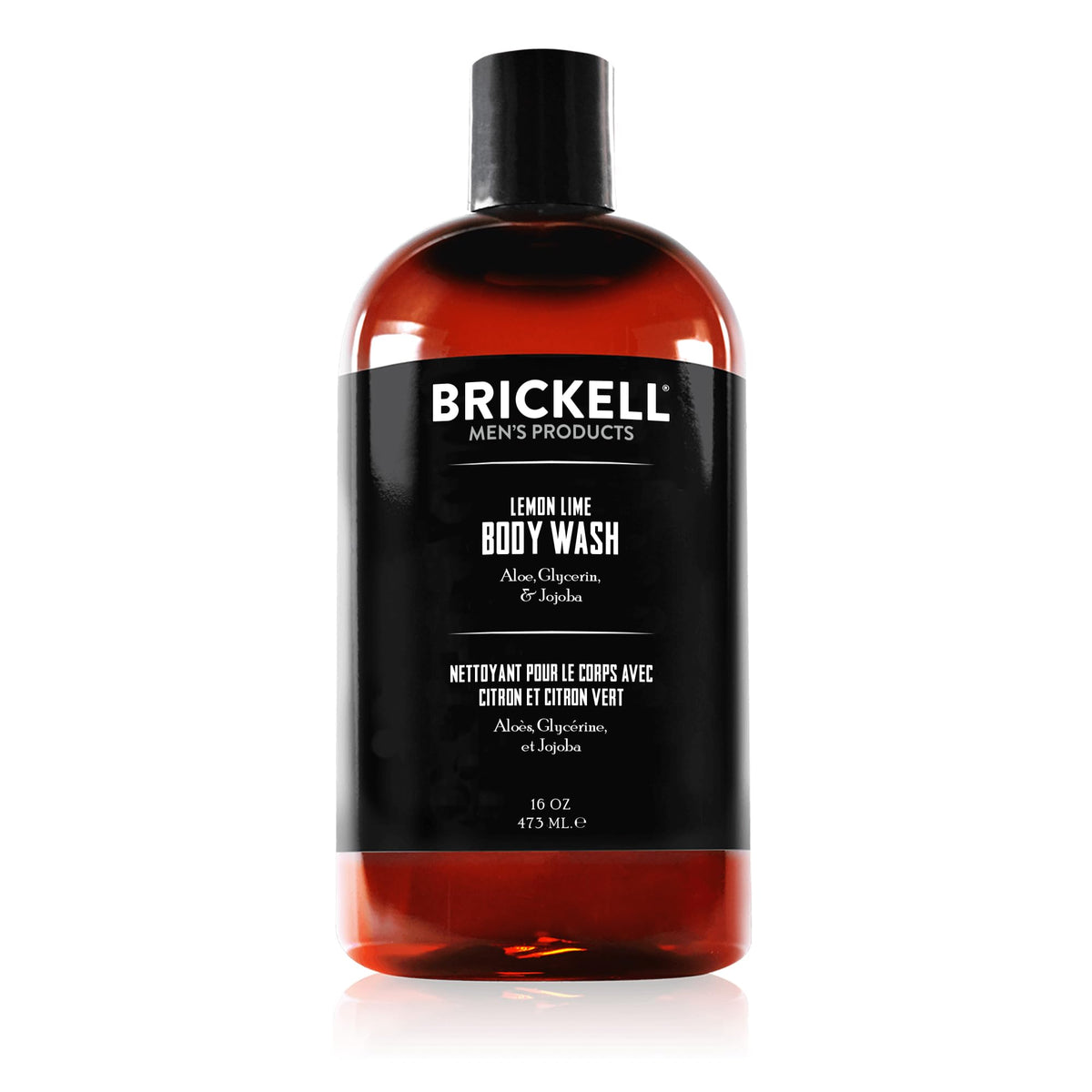 Brickell Men’s bottle front view showing lemon lime label and clear benefits