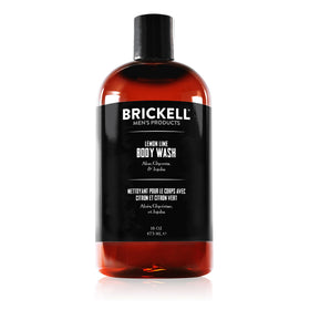 Brickell Men’s bottle front view showing lemon lime label and clear benefits