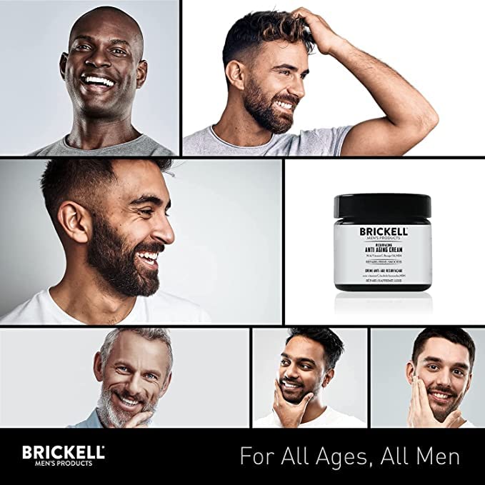 Brickell jar on bathroom counter styled for morning routine and grooming benefit