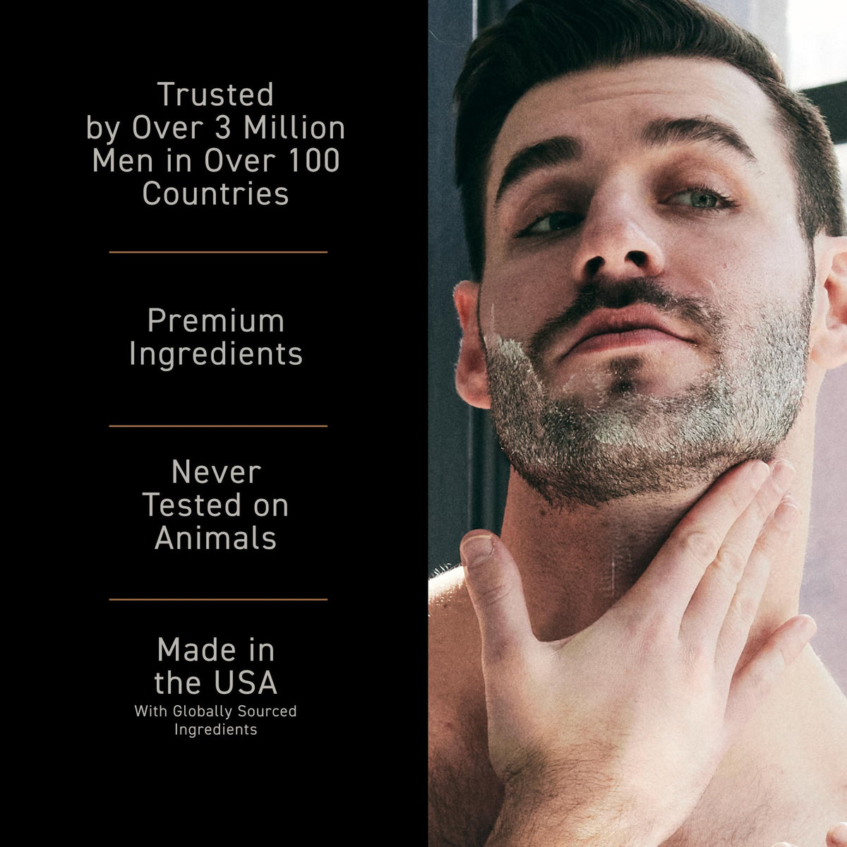 Brickell scrub placed on bathroom counter with shave items showing grooming routine use