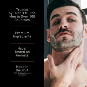 Brickell scrub placed on bathroom counter with shave items showing grooming routine use