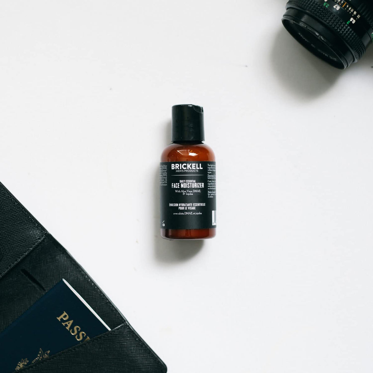 Brickell on bathroom shelf in grooming routine conveying daily use convenience