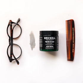Brickell lifestyle on bathroom shelf showing routine-ready grooming benefit
