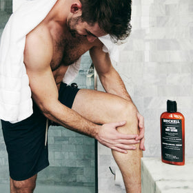 Brickell Men's Products bottle on bathroom vanity illustrating everyday grooming routine convenience