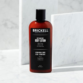 Brickell Men's Products close-up pump and lotion texture showing smooth fast-absorbing consistency