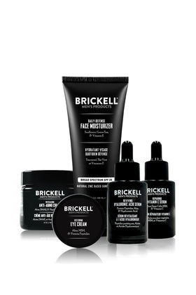Brickell Men's Products front packaging showing full five-piece anti-aging kit benefit