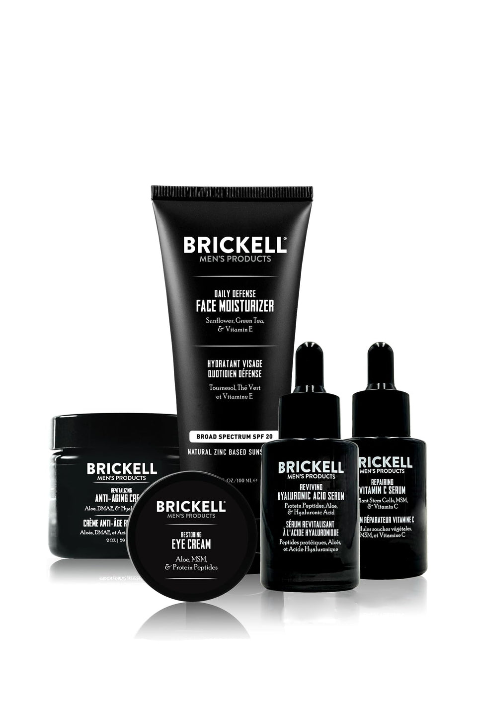 Brickell Men's Products front packaging showing full five-piece anti-aging kit benefit